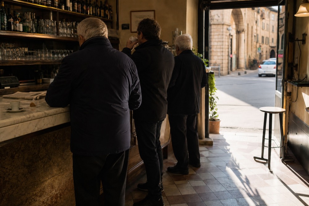 Customers standing at a Florence bar counter with coffee cups in the morning