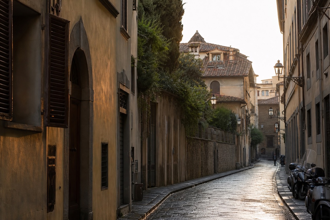Empty Florence street with stone buildings in soft morning light
