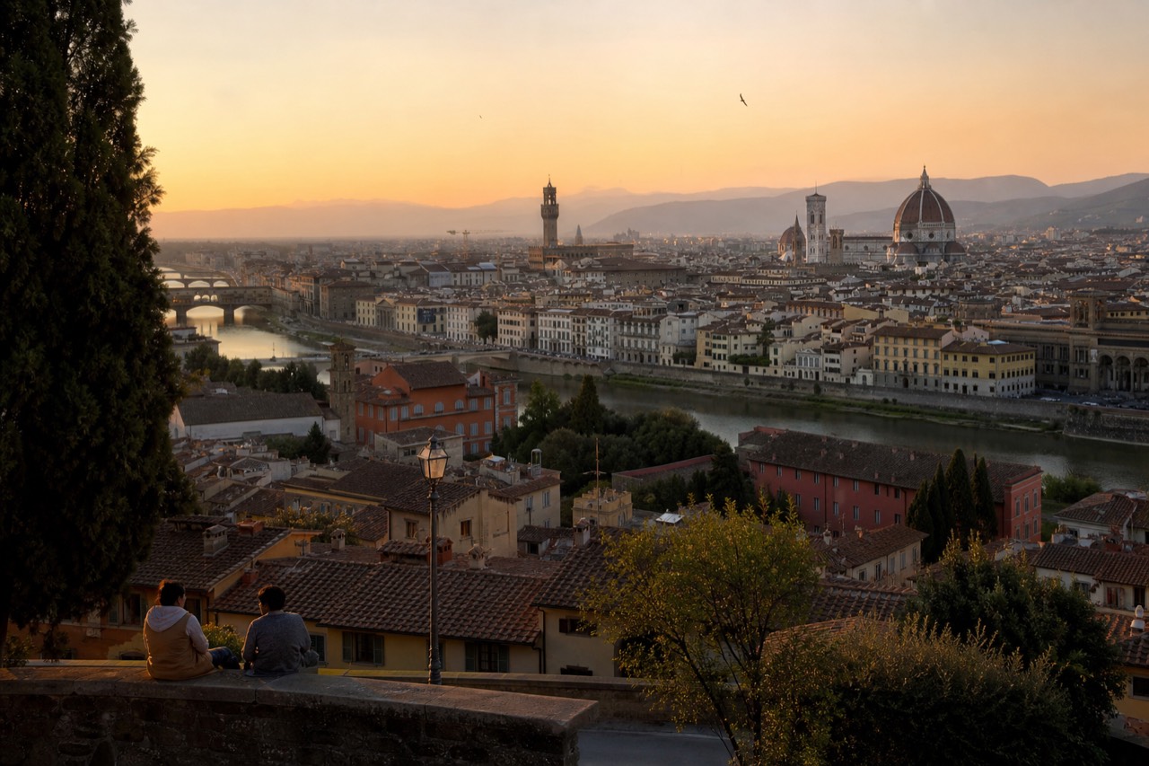 Florence skyline at sunset with the Duomo and terracotta rooftops