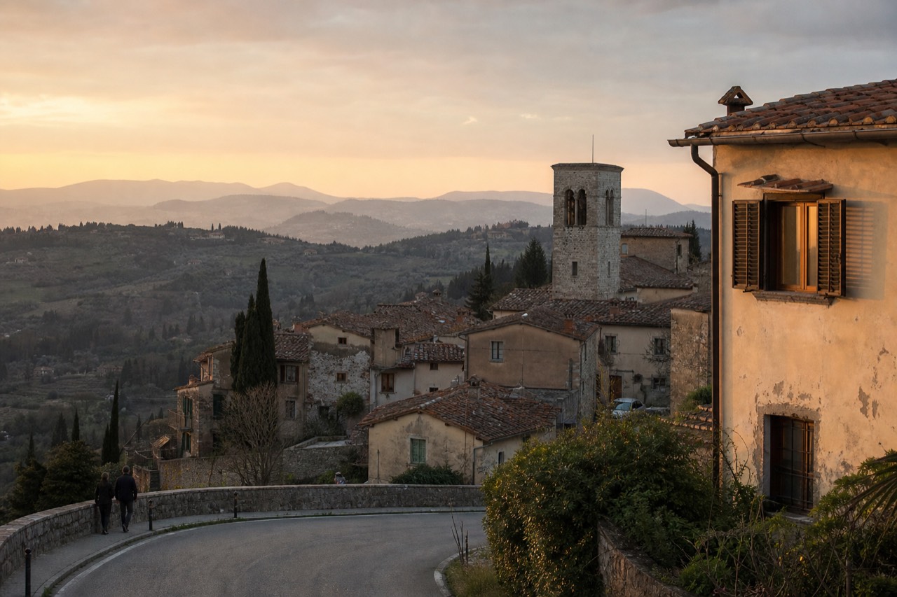 Stone rooftops and a bell tower rising above wooded Tuscan hills at golden hour