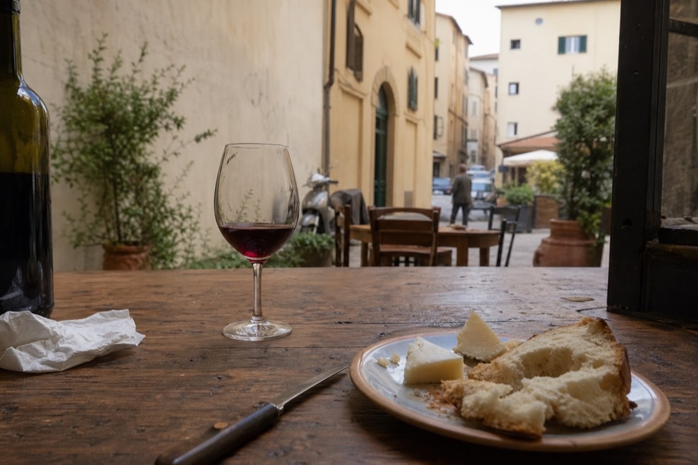 A table with Tuscan bread, cheese and a glass of red wine at a Florence tasting stop