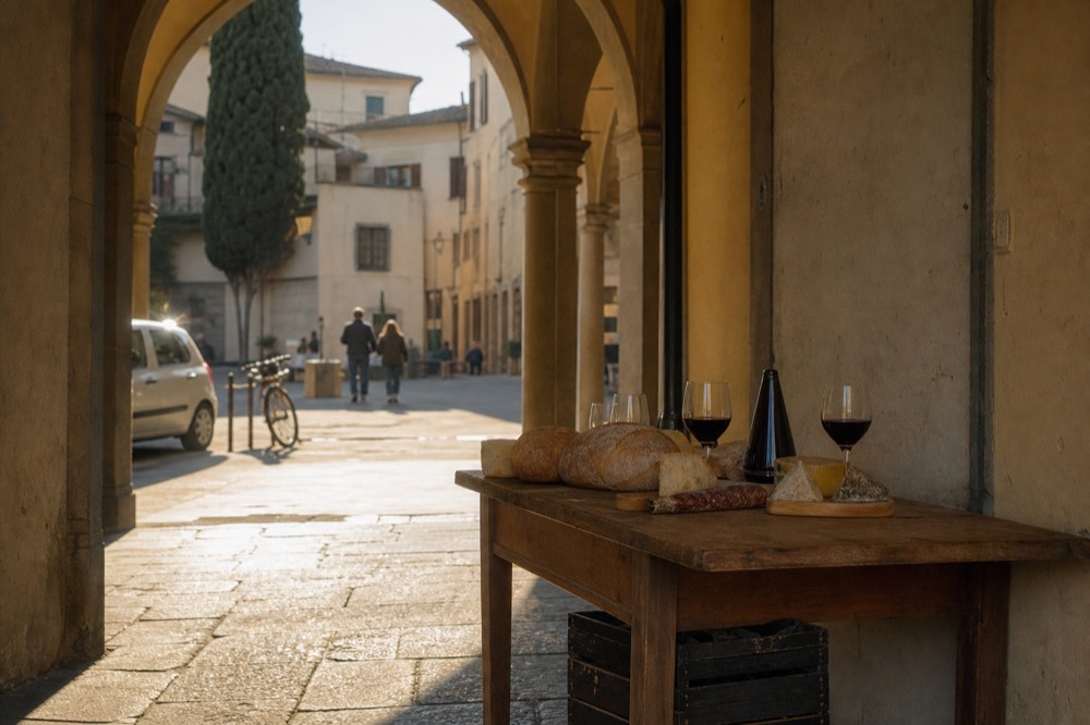 A spread of Tuscan dishes on a wooden table with bread, cheese, cured meat and wine glasses