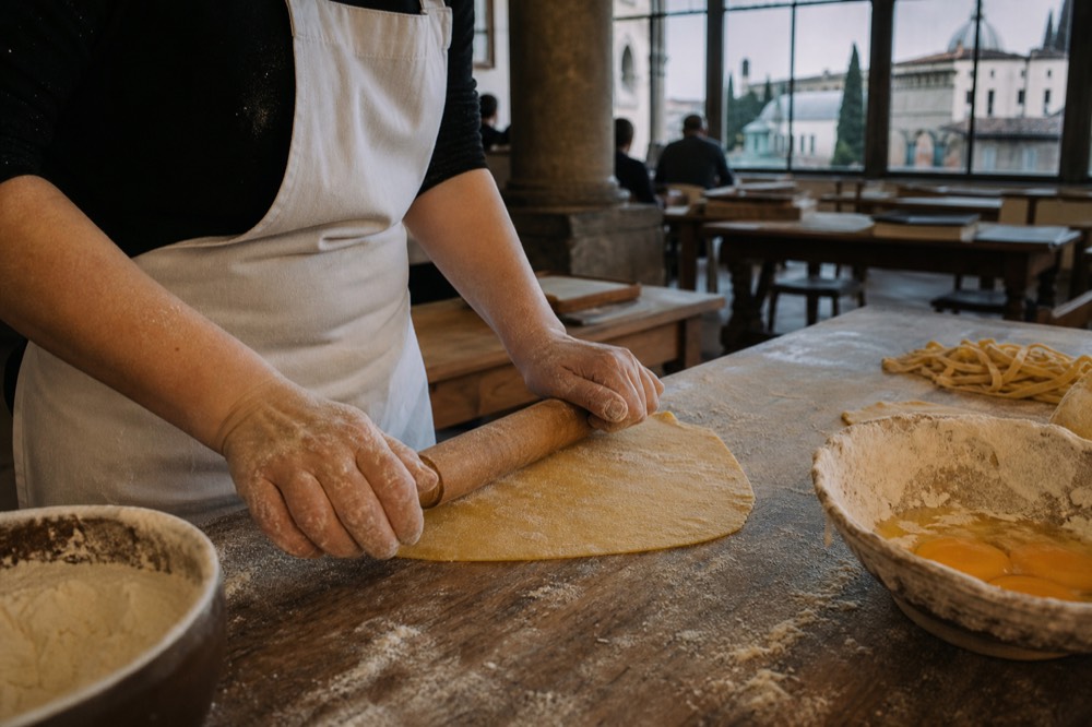 Fresh pasta dough being rolled by hand on a floured wooden board