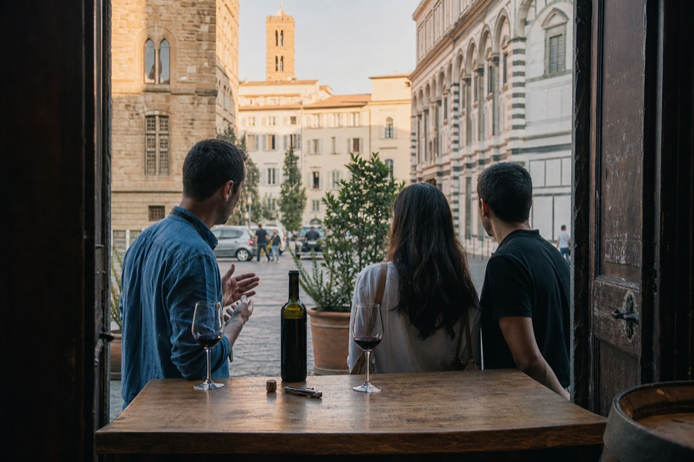A group of tourists tasting wine at a Florence enoteca, with the guide explaining the vintage