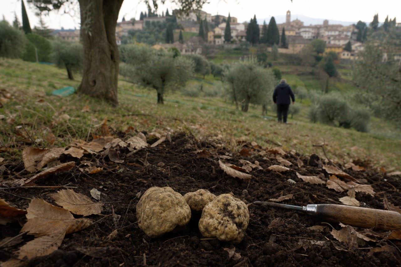 Freshly dug white truffles resting on dark forest soil beside a small digging tool