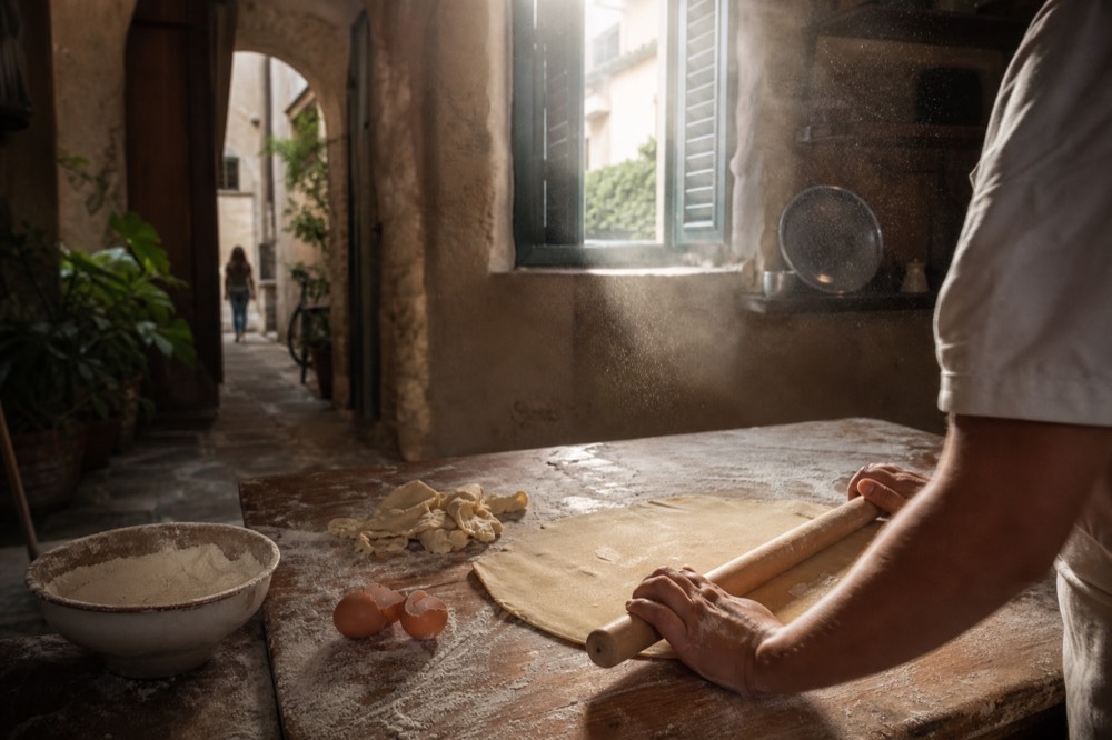 Fresh pasta dough being rolled by hand on a floured wooden board