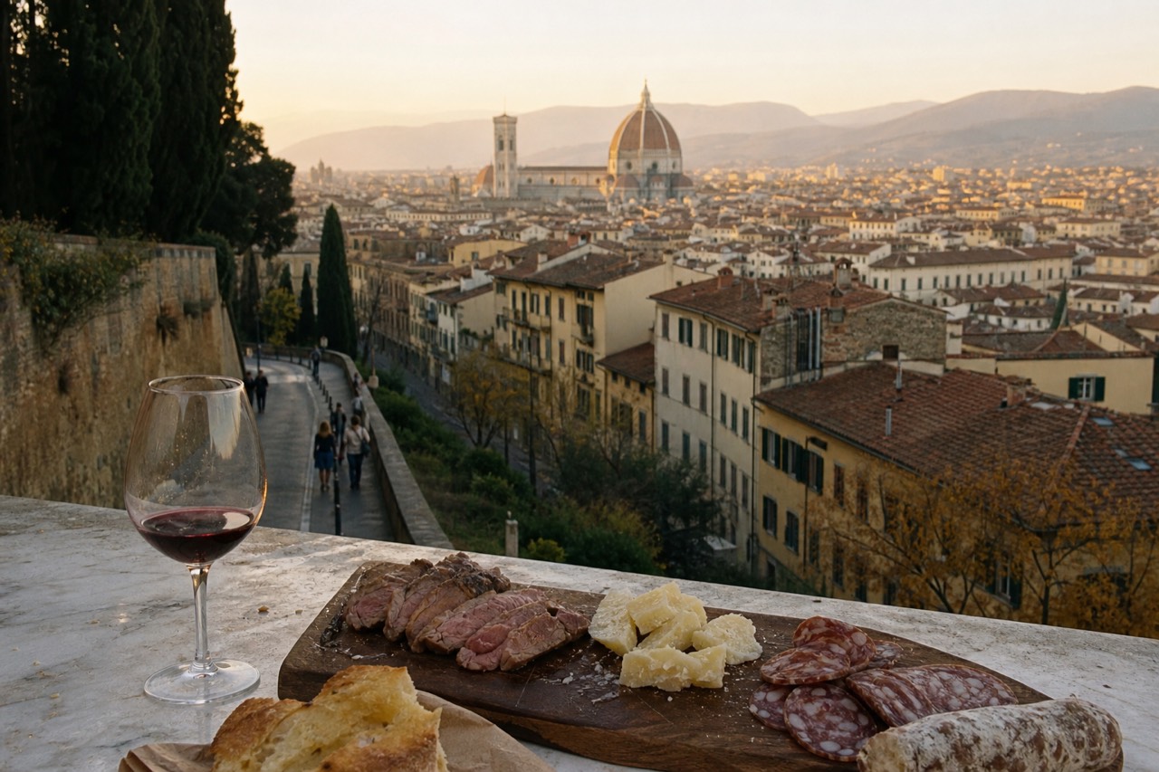 Florentine tasting spread on a marble counter in Florence, Italy: sliced bistecca, pecorino, finocchiona salami, schiacciata bread and a glass of Chianti, with the terracotta rooftops of the historic centre soft behind.